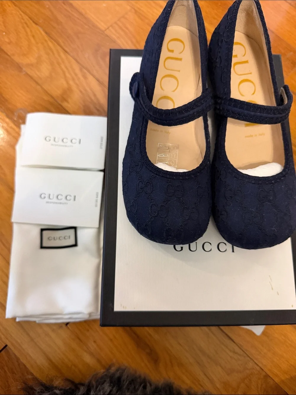 Gucci Kids Navy GG Jacquard Mary Jane Flats size 29